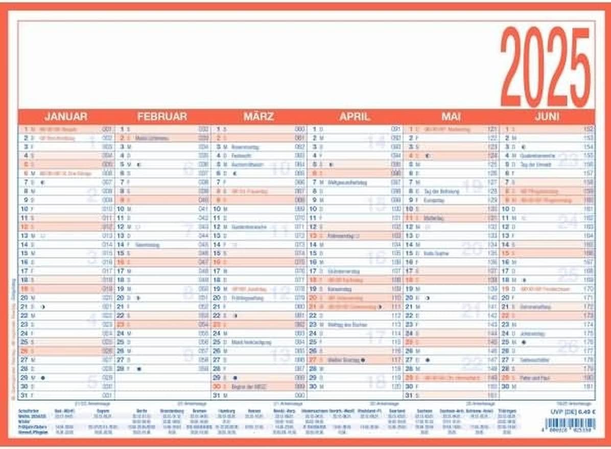 Calendrier des jours ouvrables 2025 29x21cm calendrier poster avec 6