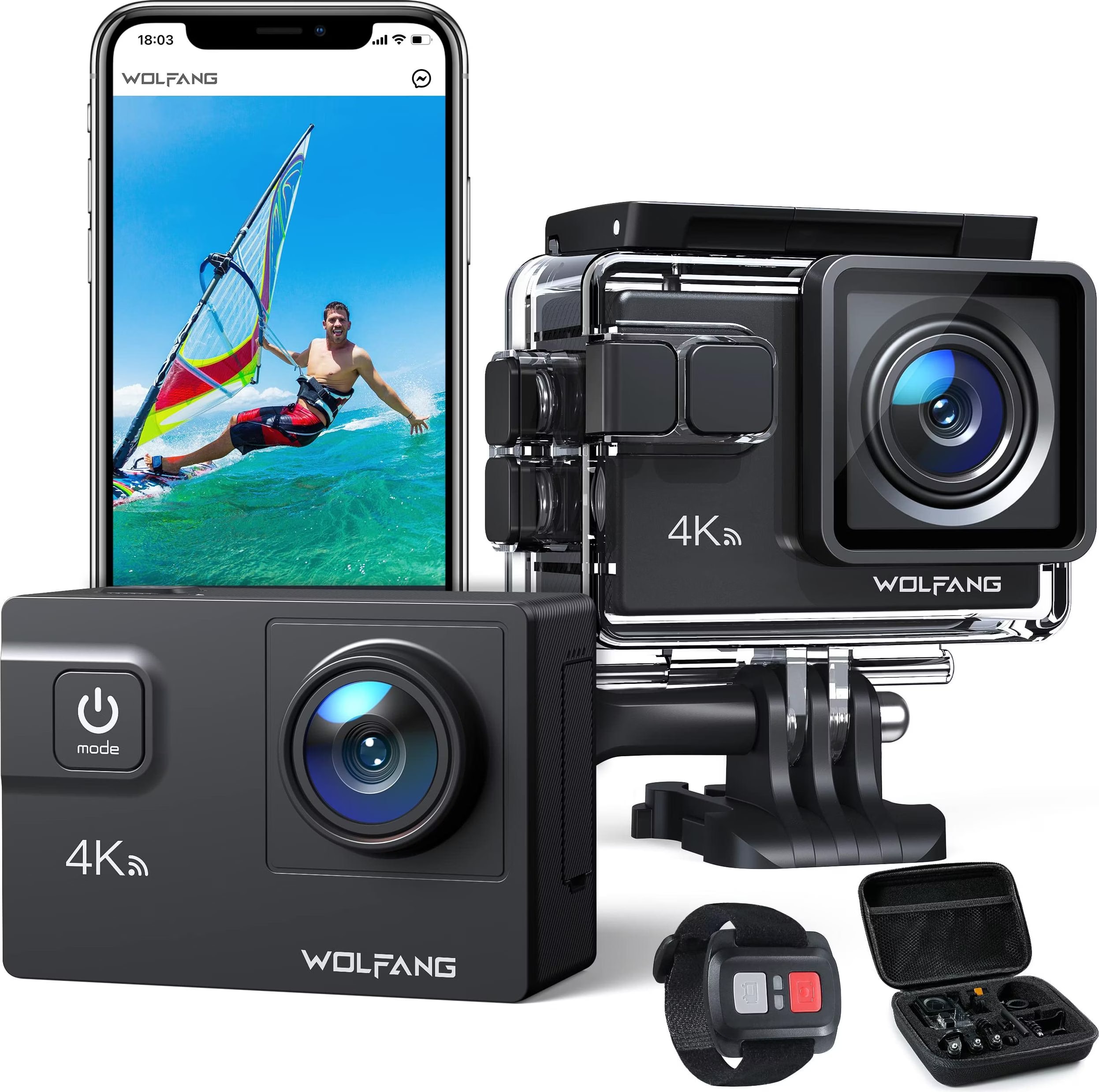 WOLFANG GA300 Action Cam  Full HD, WLAN  Wi-Fi , 4K 60FPS 24MP Touchscreen 40m Wasserdicht 8xzoom 2 0 Eis 2x1350mah S0jb002b