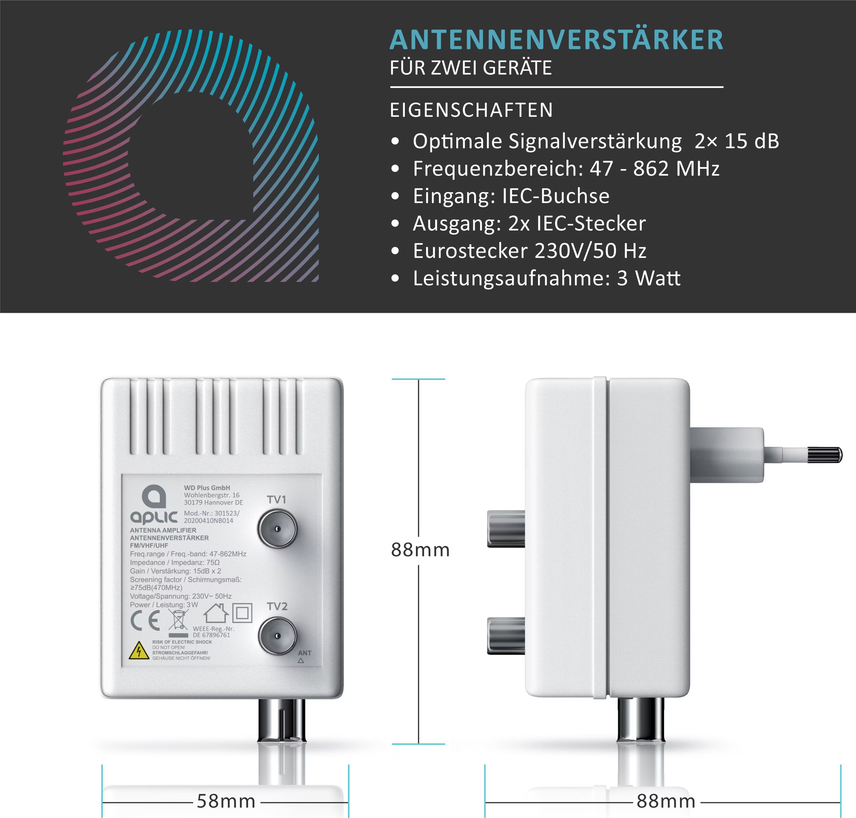 HAMA - Amplificatore TV Antenna 2 Vie M / F, 22dB, Regolabile, Alimentazione 220 V - Foto 10