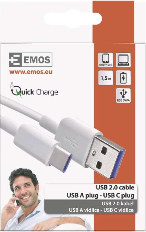 EMOS Cavo di ricarica da tipo C a tipo C, ricarica e trasferimento dati, 1 m, cavo 2.0 USB-C per ricarica rapida e trasferimento dati, alta velocità 480 Mbps, bianco