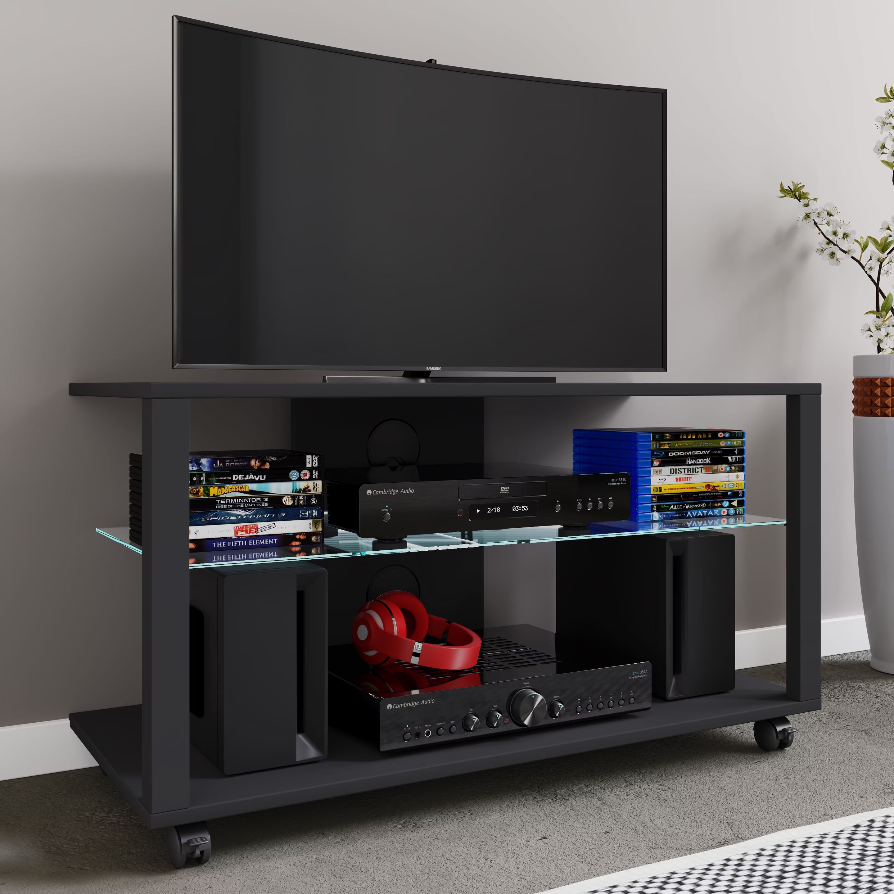 VCM Holz TV Lowboard Rollen Fernsehschrank mobil Rack Konsole Möbel Fernsehtisch Fernseh Phono Glas